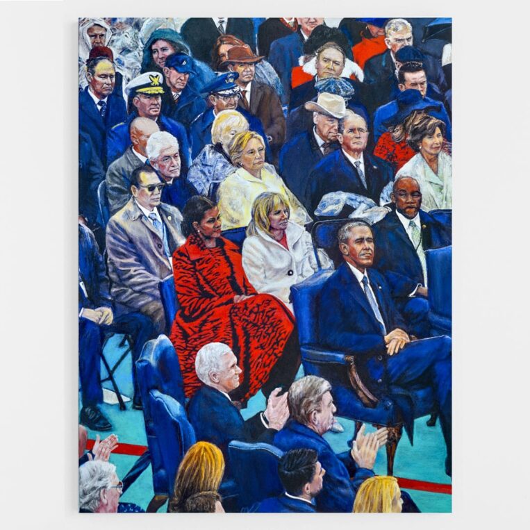 Painting of the 2017 US inauguration with President Obama and Michelle surrounded by the crowd and Republicans in the lower left clapping.